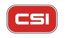 Logo CSI na czerwonym tle z białym napisem Logo CSI w czerwonym prostokącie z zaokrąglonymi rogami i białym napisem