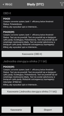 Zrzut ekranu z aplikacji diagnostycznej z kodem błędu P0420 dla Dacia Sandero 2018
