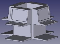 Szary model 3D terminala z czterema stanowiskami ustawionymi krzyżowo wokół centralnego trzonu
