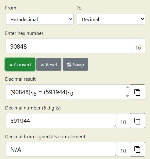 Conversion of 90848 from hexadecimal to decimal: result is 591944