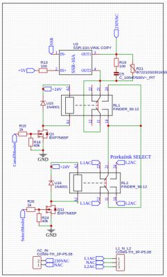 Schemat elektryczny z elementami takimi jak SSR, przekaźniki i diody.