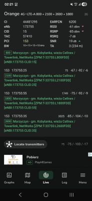 Zrzut ekranu aplikacji z informacjami o nadajniku LTE-A w miejscowości Morzyczyn