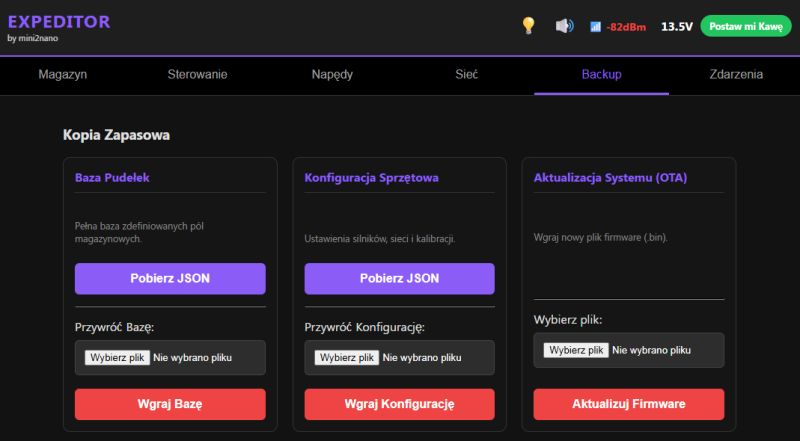 EXPEDITOR system backup panel with three sections: boxes, config, and firmware update