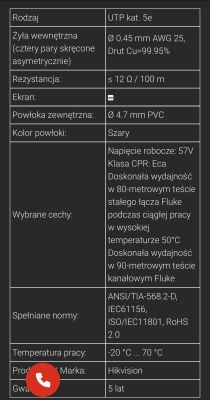 Specyfikacja kabla UTP kat. 5e marki Hikvision na czarnym tle.