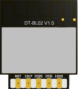 DT-BL02 Module with Visible Connectors DT-BL02 module with pin markings at the bottom of the board.