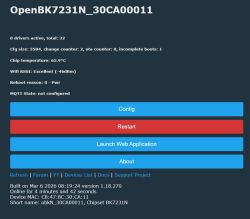 OpenBK7231N status screen with Wi‑Fi and chip temperature info and Config/Restart buttons