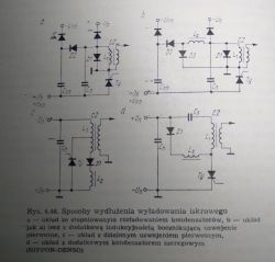 Schematy elektryczne czterech układów zapłonowych do wydłużenia wyładowania iskrowego
