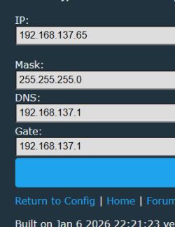 Network interface settings with IP address, subnet mask, DNS, and gateway values.