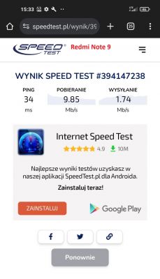 Zrzut ekranu z wynikiem testu prędkości internetu na telefonie Redmi Note 9.