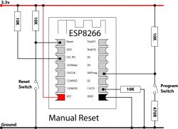 Minimal circuit schematic for ESP8266 with connections and switches.