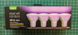 Lepro GU10 RGBWW LED Bulb Packaging Packaging of Lepro GU10 RGBWW 385lm LED bulbs with Wi-Fi