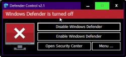 Okno programu Defender Control z informacją, że Windows Defender jest wyłączony.