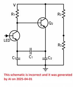 Schemat błędnego układu elektrycznego z komentarzem w czerwonym napisie.