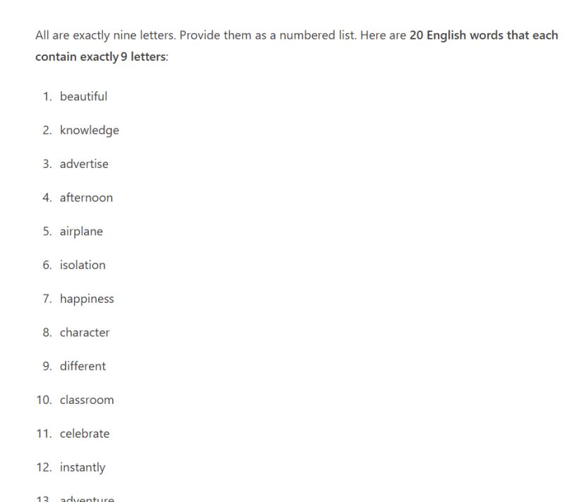 Screenshot of a list of 20 English words claimed to have exactly 9 letters each