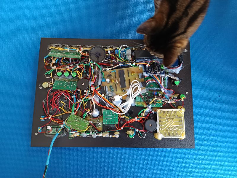 Voyager 3 Control Center toy panel with a curious cat An electronics panel with numerous wires, PCBs, and components; a cat's head is visible in the upper right corner.
