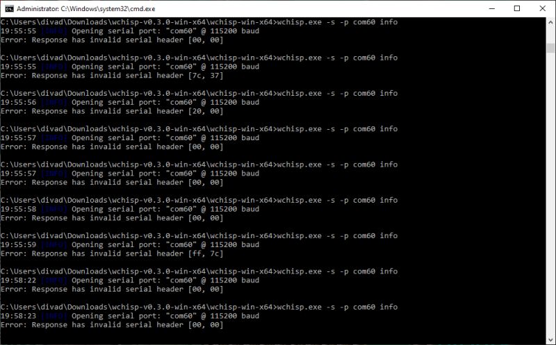 Windows command prompt window with repeated errors while trying to open a serial port.