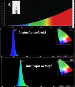 Wykresy widmowe luminoforów niebieskiego i zielonego oraz światła żarówki