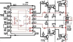 Schemat elektryczny wzmacniacza z układem PA0016 i tranzystorami.