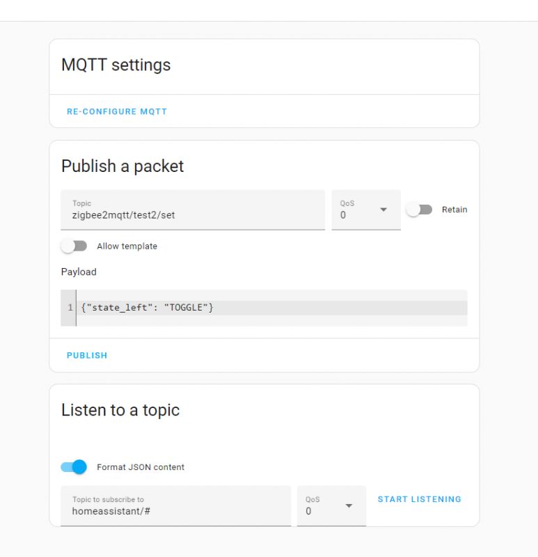 MQTT Configuration: Topic Publishing and Listening MQTT configuration screen with options for publishing and listening to topics.
