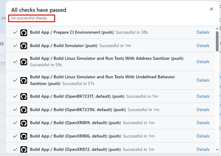 List of 54 successful GitHub Actions checks for firmware build process