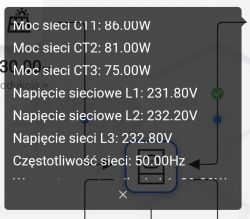 Wyświetlacz z parametrami sieci elektrycznej, w tym moc i napięcie.