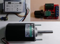 Komponenty elektroniczne: kontroler silnika, płytka z przyciskiem i kondensatorem, silnik elektryczny.