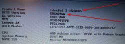 Ekran informacji BIOS z danymi IdeaPad 3 15ADA05 i wersją BIOS E8CN34WW, zaznaczony strzałkami.