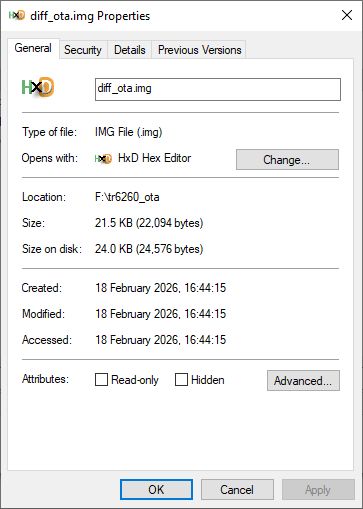 Windows file properties window for diff_ota.img showing type, size, location, and timestamps.