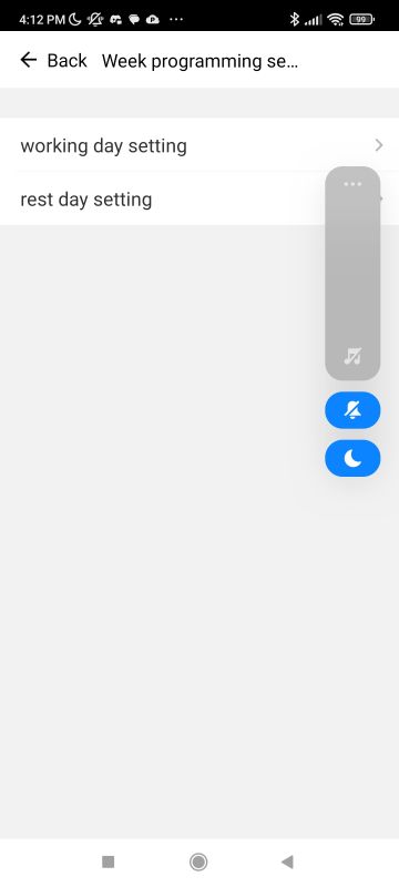 App screen for week programming settings with “working day setting” and “rest day setting” options.