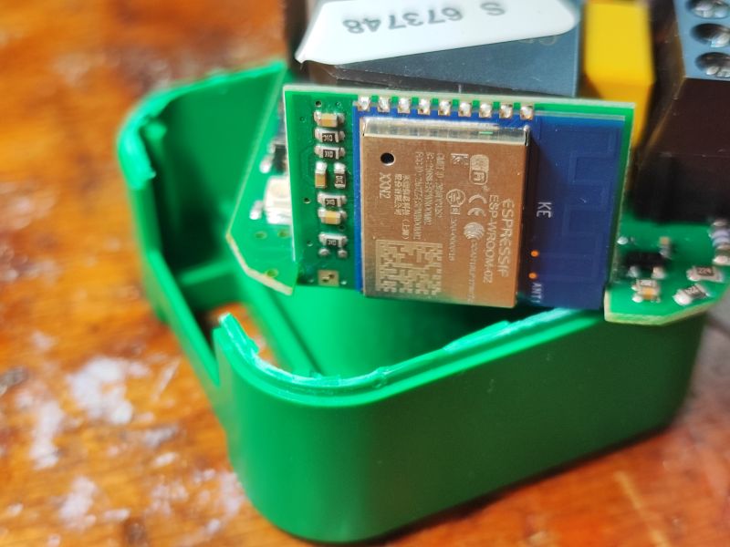 ESP8266 Module in DIW-01 Dimmer Close-up of the ESP8266 module inside a dimmer case.