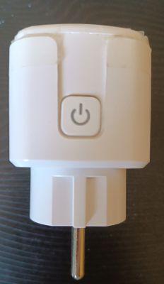 White plug with power button wrapped in transparent medical adhesive tape.