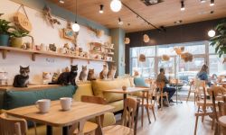 Cat Café with Multiple Cats Cat café with cats on shelves and a table.