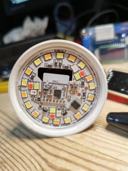 Close-up of a round circuit board with LEDs and electronic components.