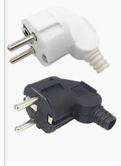 Two angled grounded plugs, one white and one black