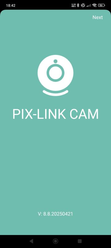 Pix-Link Cam app splash screen with camera icon and version 8.8.20250421