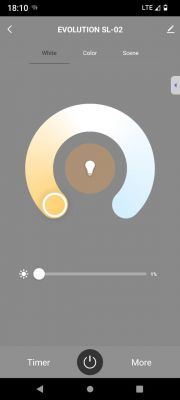 App interface for controlling EVOLUTION SL-02 lamp with color and brightness options.