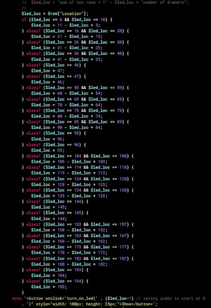 PHP Code for Workshop Drawer LEDs Screenshot of PHP code controlling LED lighting in workshop drawers.