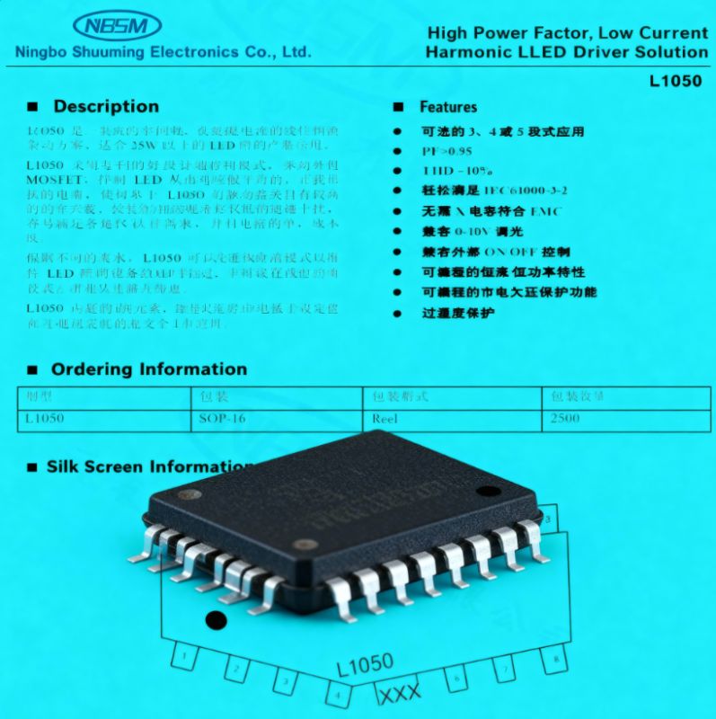 L1050 IC on blue datasheet background with technical description and pin annotation