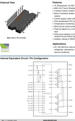 Diagram wyprowadzeń i budowa wewnętrzna modułu falownika 600V-5A