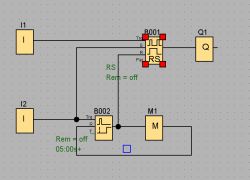 Schemat z blokami B001 i B002, wejściami I1/I2 oraz silnikiem M1