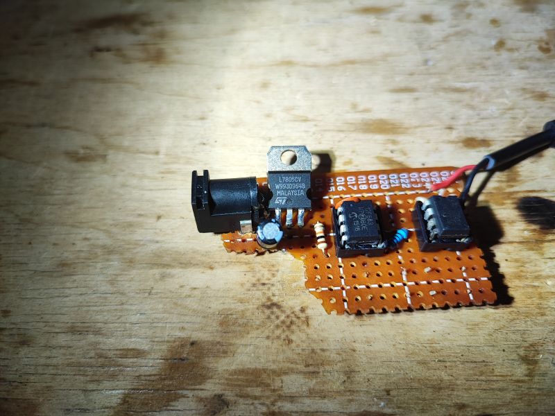 LED Dimmer Prototype with Components on PCB Prototype LED dimmer circuit on a PCB with components.