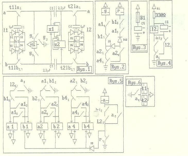 Schematy elektryczne przedstawiające różne obwody elektroniczne z opisem komponentów.