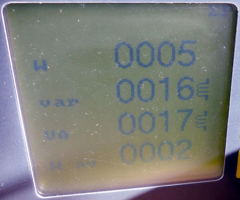 Wyświetlacz miernika energii pokazujący wartości w watach, VAR, VA i VAh