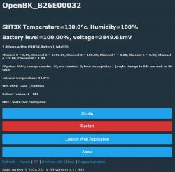 OpenBK Interface with Sensor Data and Configuration Options OpenBK user interface displaying temperature, humidity, battery level, and voltage data.