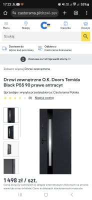 Zrzut ekranu sklepu internetowego Castorama z ofertą drzwi zewnętrznych O.K. Doors Temida Black P55 90 prawe antracyt.