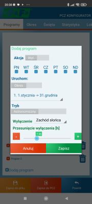 Ustawienia programu wyłączenia w aplikacji PCZ Konfigurator z trybem astronomicznym
