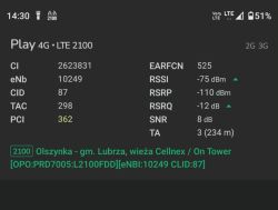 Zrzut ekranu z telefonu z parametrami sieci Play 4G LTE 2100 i wartościami sygnału.