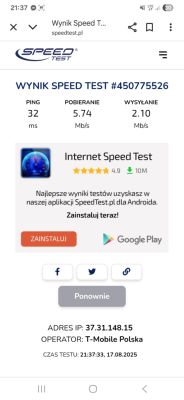 Zrzut ekranu testu prędkości internetu z aplikacji SpeedTest.pl