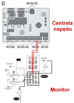 Schemat połączenia między centralą napędu a monitorem wideodomofonu