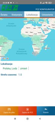 Zrzut ekranu aplikacji PCZ Konfigurator z mapą i lokalizacją ustawioną na Łódź